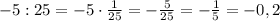 -5:25=-5\cdot\frac{1}{25}=-\frac{5}{25}=-\frac{1}{5}=-0,2