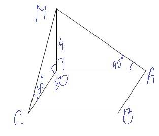 Из точки м проведён перпендик.md=4см.к плоскости прямоуг. abcd наклонные ма и мс образуют плоскости 