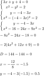 \displaystyle \left \{ {{3x+y+4=0} \atop {x^2-y^2=2}} \right.\\\\ \left \{ {{y=-4-3x} \atop {x^2-(-4-3x)^2=2}} \right.\\\\ \left \{ {{y=-4-3x} \atop {x^2-16-24x-9x^2=2}} \right.\\\\-8x^2-24x-18=0\\\\-2(4x^2+12x+9)=0\\\\D=144-144=0\\\\x=- \frac{12}{8}=-1.5\\\\y=-4-3(-1.5)=0.5 