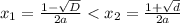 x_1=\frac{1-\sqrt{D}}{2a}<x_2=\frac{1+\sqrt{d}}{2a}