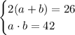 \begin{cases}2(a+b)=26\\a\cdot b=42\end{cases}