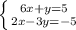 \left \{ {{6x+y=5} \atop {2x-3y=-5}} \right