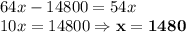 \\{64}x-{14800}=54x\\10x=14800\Rightarrow \mathbf{x=1480}