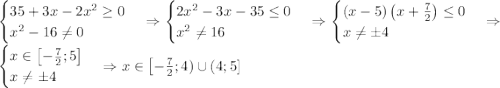 \\\begin{cases}35+3x-2x^2\geq0\\x^2-16\neq0\end{cases}\Rightarrow\begin{cases}2x^2-3x-35\leq0\\x^2\neq16\end{cases}\Rightarrow\begin{cases}(x-5)\left(x+\frac72\right)\leq0\\x\neq\pm4\end{cases}\Rightarrow\begin{cases}x\in\left[-\frac72;5\right]\\x\neq\pm4\end{cases}\Rightarrow x\in\left[-\frac72;4)\cup(4;5]