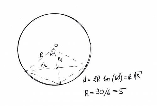 Периметр правильного шестиугольника равен 30 метров. найти длину стороны правильного треугольника ко