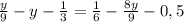 \frac{y}{9}-y-\frac{1}{3}=\frac{1}{6}-\frac{8y}{9}-0,5