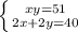 \left \{ {{xy=51} \atop {2x+2y=40}} \right.