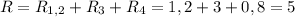 R=R_{1,2}+R_3+R_4=1,2+3+0,8=5