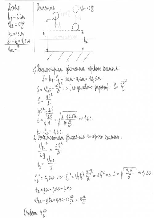 Свысоты 20 м над землёй без начальной скорости начинает падать камень. одновременно с высоты 15 м ве