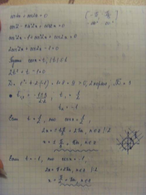 Cos4x+cos2x=0 на промежутке [-п; п\3]