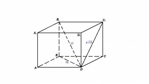 Найдите объем прямоугольного параллелепипеда abcda1b1c1d1,если ac=15 см,dc1=4^13 см,db1=17 см