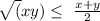 \sqrt(xy) \leq \ \frac{x+y}{2}