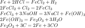 Fe+2HCl=FeCl_2+H_2\\2FeCl_2+Cl_2=2FeCl_3\\FeCl_3+3NaOH=3NaCl+Fe(OH)_3\\2Fe(OH)_3=Fe_2O_3+3H_2O\\Fe_2O_3+3C=2Fe+3CO