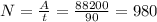 N=\frac{A}{t}=\frac{88200}{90}=980