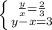 \left \{ {{\frac{y}{x}=\frac{2}{3}} \atop {y-x=3}} \right.