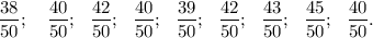 \dfrac{38}{50};~~~ \dfrac{40}{50};~~\dfrac{42}{50};~~\dfrac{40}{50};~~\dfrac{39}{50};~~\dfrac{42}{50};~~ \dfrac{43}{50};~~\dfrac{45}{50};~~\dfrac{40}{50}.