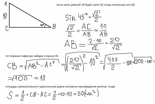 Впрямоугольном треугольнике один из катетов равен 10, а угол лежащий на против равен 45. найти s