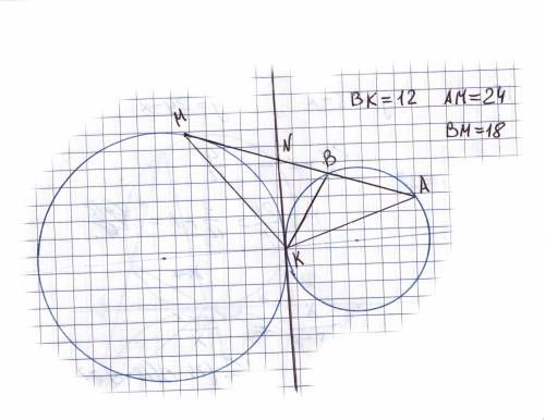 Две окружности касаются друг друга в точке к . продолжение хорды ав первой окружности касается второ