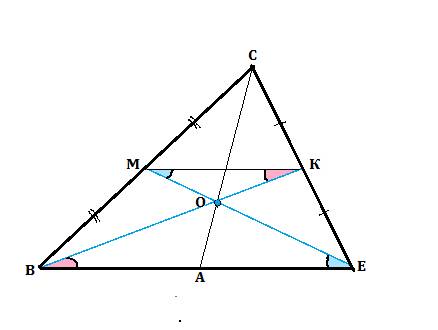 Медианы bk и em треугольника все пересекаются в точке о. докажите что: 1). треугольники ком и вое по