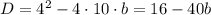 D=4^{2}-4\cdot10\cdot b=16-40b