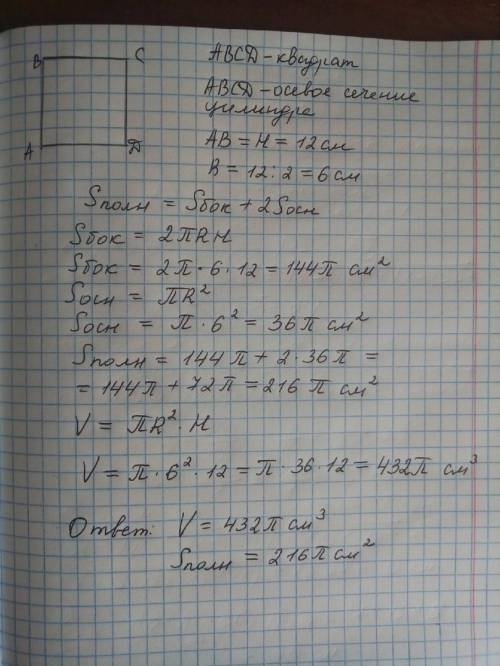 Осевое сечение цилиндра -квадрат со стороной 12 см. найдите объем и площадь его поверхности.