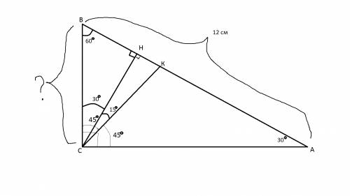 Впрямоугольном треугольнике abc угол между биссектрисой ck и высотой ch ,проведенными из вершины пря