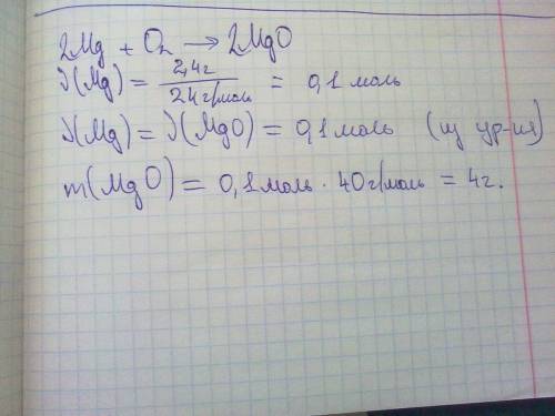 Вычислите массу оксида магния (mgo), образовавшегося при взаимодействии 2.4 г магния с кислородом. с