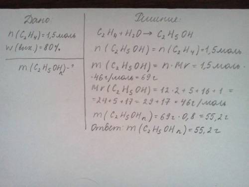 Вычислите,какая масса эталона получится при взаимодействии 1,5 моль этилена с водой,если выход проду