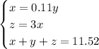 \begin{cases} x=0.11y\\z=3x\\x+y+z=11.52 \end{cases}