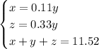 \begin{cases} x=0.11y\\z=0.33y\\x+y+z=11.52 \end{cases}