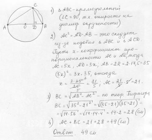 Вокружности радиусом 17,5 проведены диаметр ав, хорды ас и вс, перпендикуляр сд к диаметру ав. найти