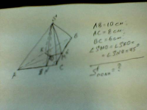 Основанием пирамиды является треугольник со сторонами 10 см,8 см,6 см. каждая боковая грань наклонен
