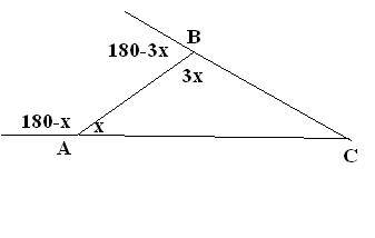Втреугольнике авс угол а меньше угла в в 3 раза, а внешний угол при вершине а больше внешненго угла 