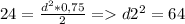 24=\frac{d^2*0,75}{2}=d2^2=64