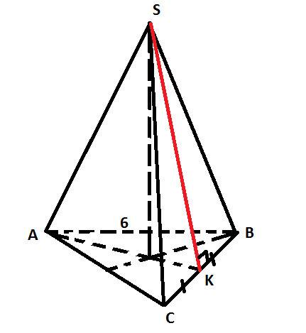 Вправильной треугольной пирамиде sabc, k-середина ребра bc, s- вершина. ab=6, а площадь боковой пове