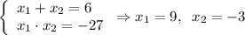 \left \{\begin{array}{lcl} {{x_1+x_2=6} \\ {x_1\cdot x_2=-27}} \end{array} \right. \Rightarrow x_1 = 9,\;\;x_2 = -3