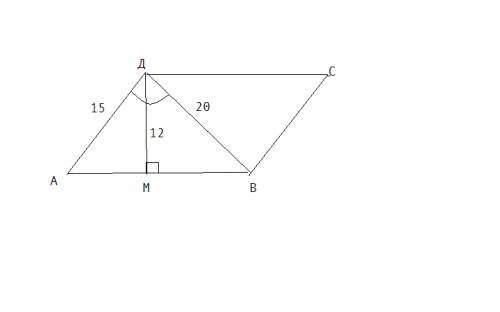 Впараллелограмме меньшая высота равна 12, меньшая сторона равна 15, меньшая диагональ равна 20. найд