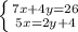 \left \{ {{7x+4y=26} \atop {5x=2y+4}} \right.