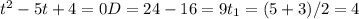 t^2-5t + 4=0 D=24-16=9 t_1=(5+3)/ 2 = 4