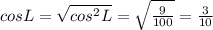 cosL=\sqrt{cos^2L}=\sqrt{\frac{9}{100}}=\frac{3}{10}