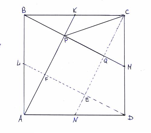 Решить abcd-квадрат,k-середина bc, m- середина cd. p-точка пересечения ak и bm. найти угол cpm