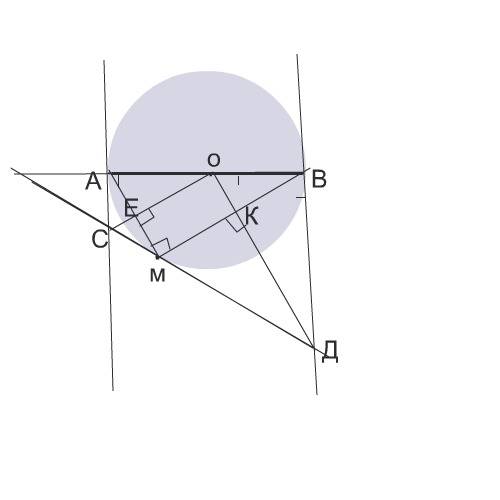 Вкруге с центром в точке о проведен диаметр ав. через точки а и в проведены касательные. третья каса