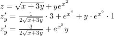 \\z=\sqrt{x+3y}+ye^{x^2}\\ z_y'=\frac{1}{2\sqrt{x+3y}}\cdot3+e^{x^2}+y\cdot e^{x^2}\cdot1\\ z_y'=\frac{3}{2\sqrt{x+3y}}+e^{x^2}y