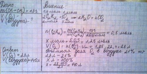 Сколько литров воздуха и кислорода потребуется для полного сгорания ацетилена массой 13г?