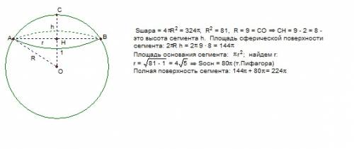 Поверхность шара равна 324п см квадратных.чему равна поверхность его сегмента основание которого отс