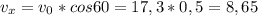 v_{x}=v_{0}*cos60=17,3*0,5=8,65