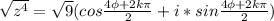 \sqrt{z^{4}}=\sqrt{9}(cos\frac{4\phi+2k\pi}{2}+i*sin\frac{4\phi+2k\pi}{2})