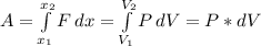 A=\int\limits^{x_2}_{x_1} {F} \, dx =\int\limits^{V_2}_{V_1} {P} \, dV=P*dV