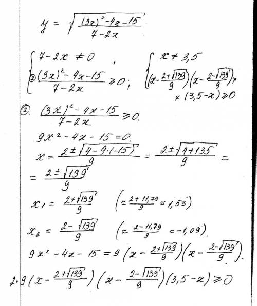 )найдите область определения функции. а) y=√(〖3x〗^2-4x-15)/(7-2x)