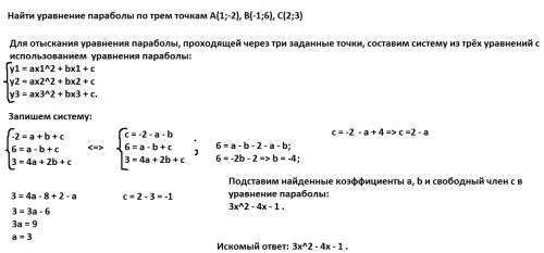 Найти уравнение параболы по трем точкам а(1; -2), b(-1; 6), c(2; 3)